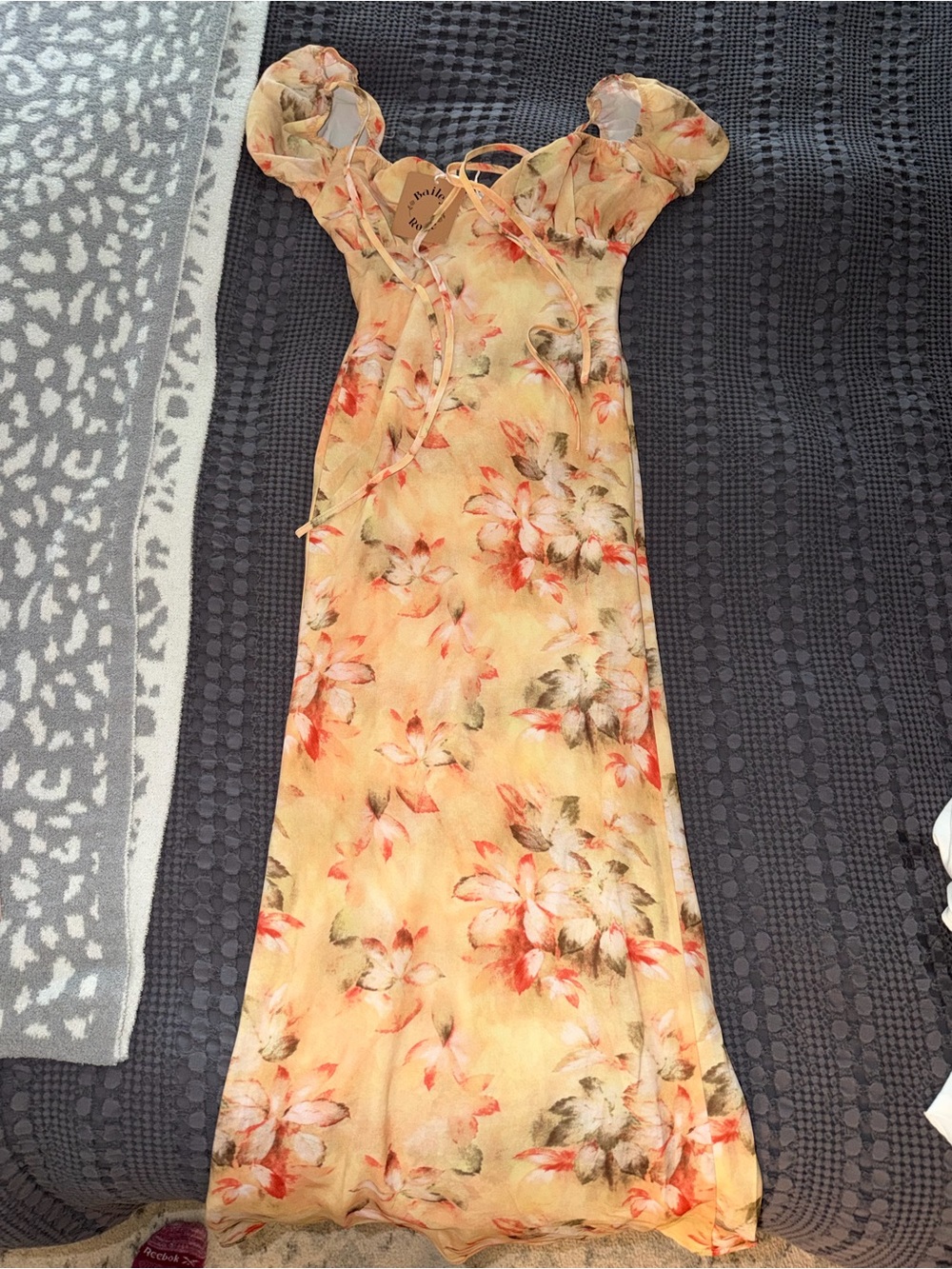 Yellow Floral Midi Dress with Puff Sleeves